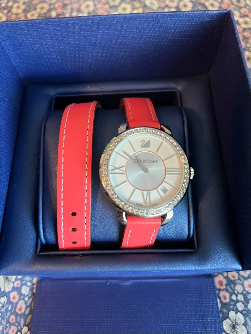 NWT IN BOX Swarovski Red Double Leather Strap Crystal-Set Women’s Watch